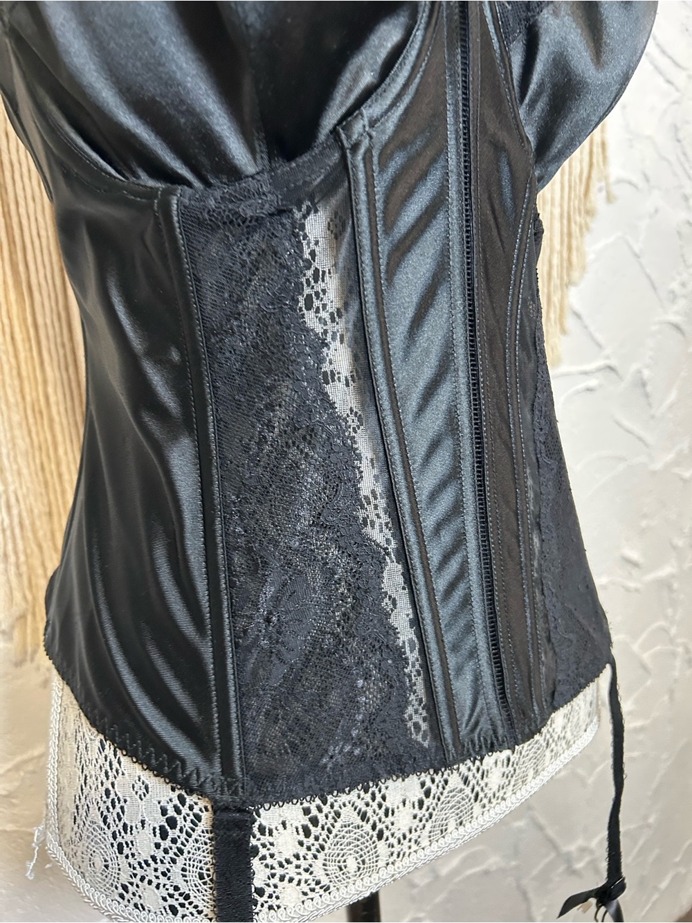 Vintage-Inspired Black Satin Lace Corset Top with Garter Straps Elomi Sz 34F - Picture 3 of 15